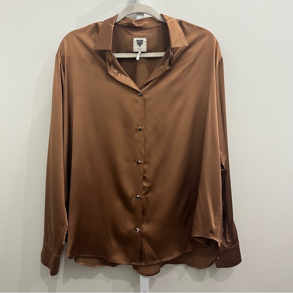 Brown Button Down Satin Shirt